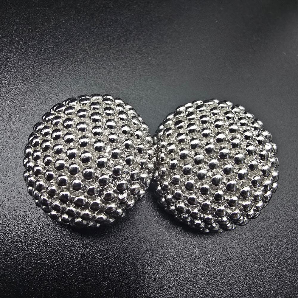 Silver Tone Round Clip On Earrings Textured Vintage Costume Jewelry